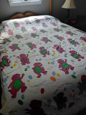 Vintage 90s twin flat sheet 1992 Barney dinosaur graphic print USA made